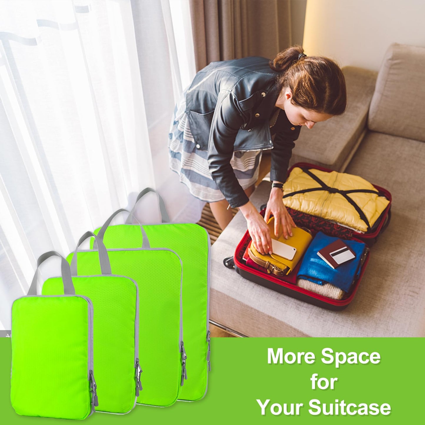 COVAX 4 Set Compression Packing Cubes, Travel Luggage Organizers and Storage Packing Cubes, Fluorescent Green