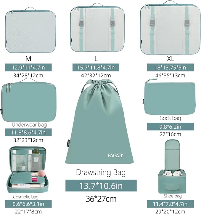 BAGAIL 8 Set Packing Cubes Luggage Packing Organizers for Travel Accessories (Dusty Teal)