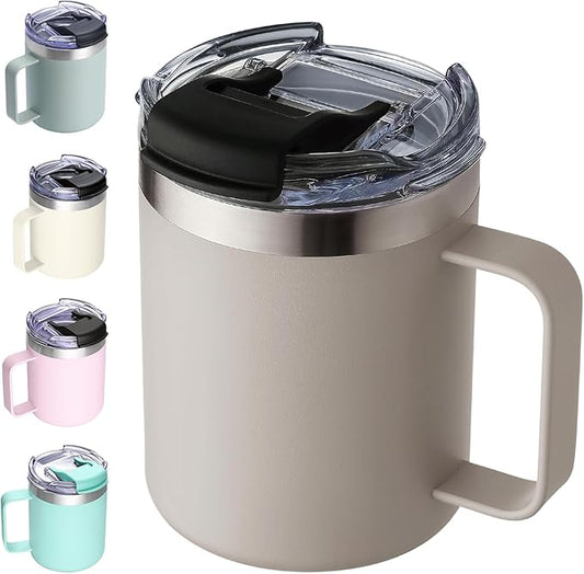 ALOUFEA 12oz Insulated Coffee Mug Cup with Handle, Stainless Steel Travel Coffee Mug with Flip Lid, Double Wall Vacuum Coffee Tumbler,Apricot