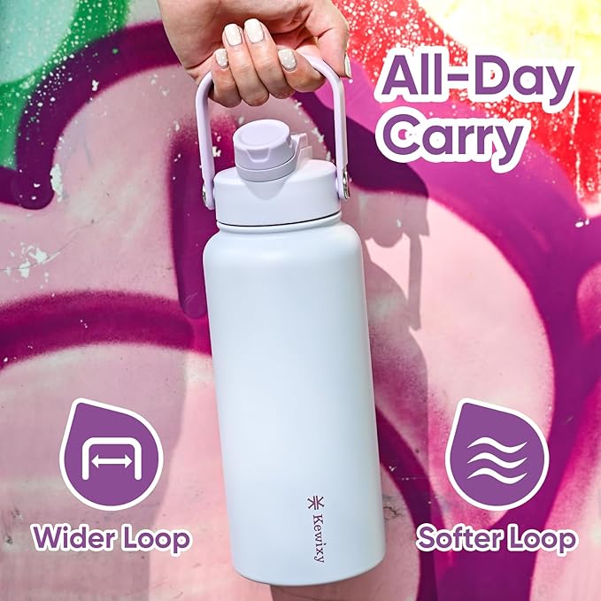 32 oz Insulated Water Bottle, 2-in-1 Lid, Straw & Spout with Protected, Leak Proof, Keep Cold, Stainless Steel, Metal, Reusable, Handle, for Outdoor, Gym and School, 2 Lids, Pale Mauve