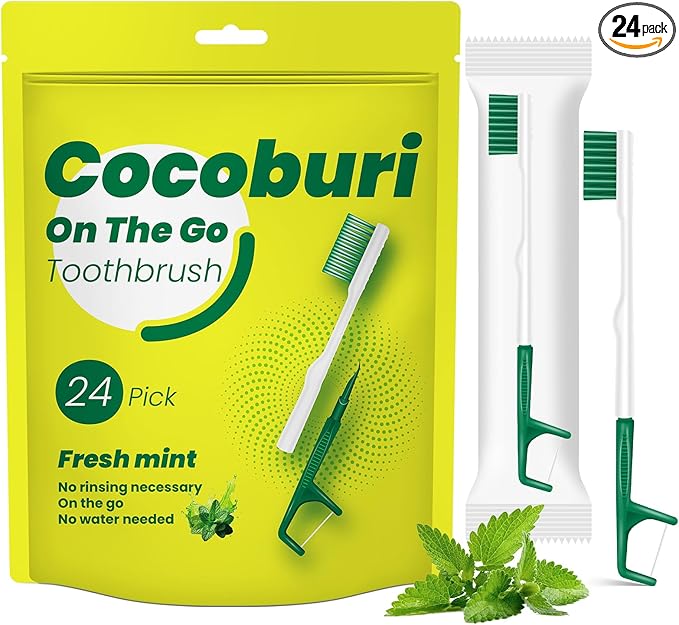 Disposable Mini Travel Toothbrushes，Prepasted On-The-Go Whitening,Individually Wrapped，Disposable，Prepasted Travel Toothbrushes- Peppermint Flavor -（24-Pack）