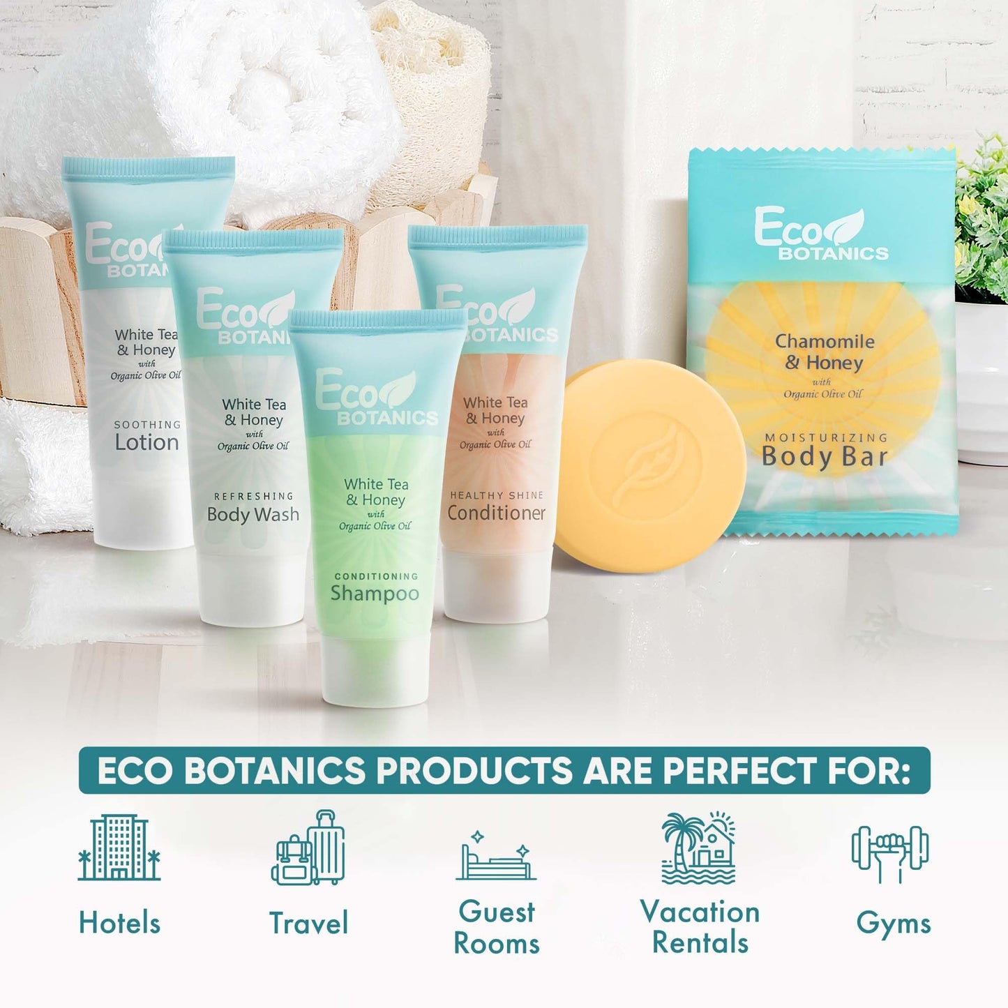 Eco Botanics Hotel Soaps & Toiletries Bulk Set | 1-Shoppe Amenities Kit | 0.85oz Shampoo & Conditioner, Body Wash, Lotion, 0.89oz Bar Soap | Travel Size | 150 Pieces