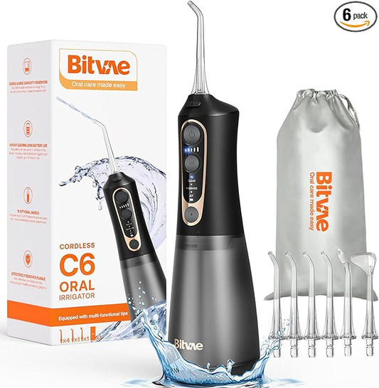 Bitvae C6 Water Dental Flosser Teeth Pick, Cordless Flosser for Travel with 6 Jet Tips, 3 Modes 5 intensities, IPX7 Waterproof Portable & Rechargeable Oral Irrigator Cleaner, Black