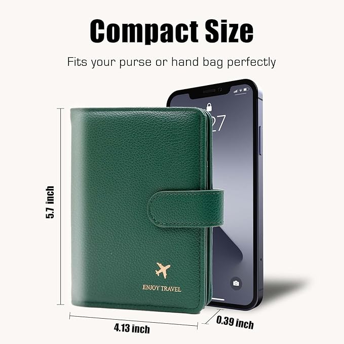 Cnycmy Passport Holder with RFID Blocking, Cash Pocket & Back Zipper Coin Pocket - Travel Document Holder, Magnetic Button, Multiple Card Slots - Soft PU Leather for Men and Women(MOSS GREEN)