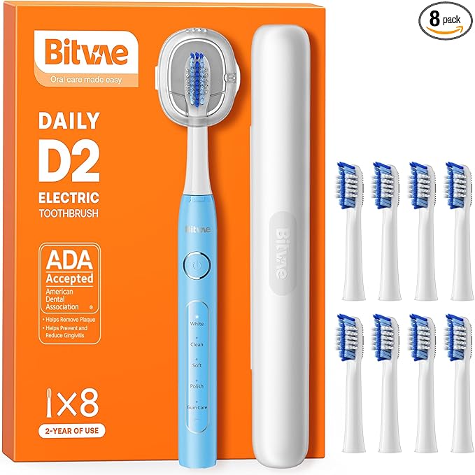 Bitvae ADA Accepted Electric Toothbrush, Travel Toothbrush Rechargeable for Adults and Kids, 60-Day Battery, 5 Modes, 8 Heads, Portable Travel Case & Holder, Sky Blue