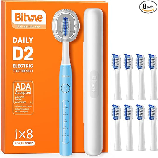 Bitvae ADA Accepted Electric Toothbrush, Travel Toothbrush Rechargeable for Adults and Kids, 60-Day Battery, 5 Modes, 8 Heads, Portable Travel Case & Holder, Sky Blue