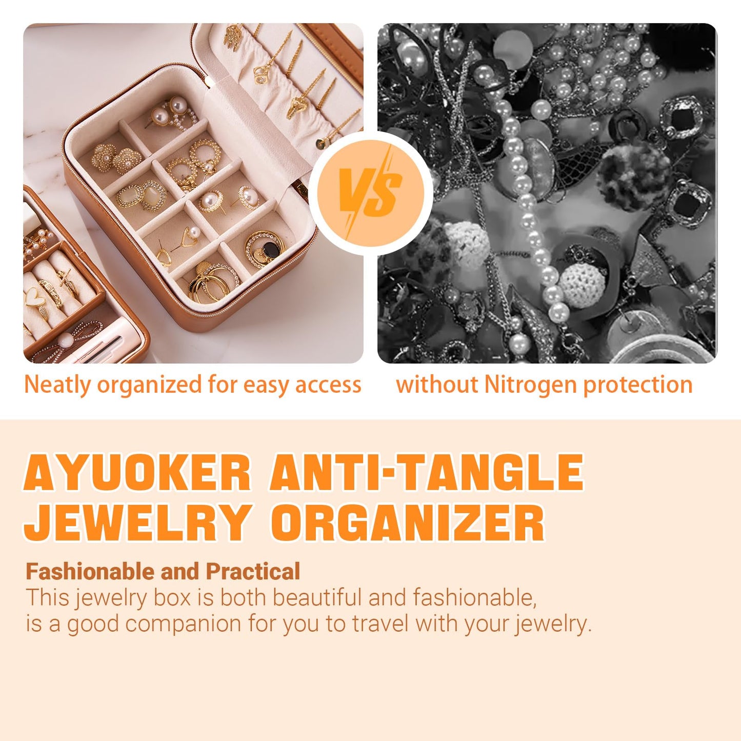 AYUOKER Brown Small Travel Jewelry Box,2 Layers PU Leather Travel Jewelry Box with Double Zippers, Portable Travel Jewelry Organizer for Necklace/Bracelet/Ring/Brooch