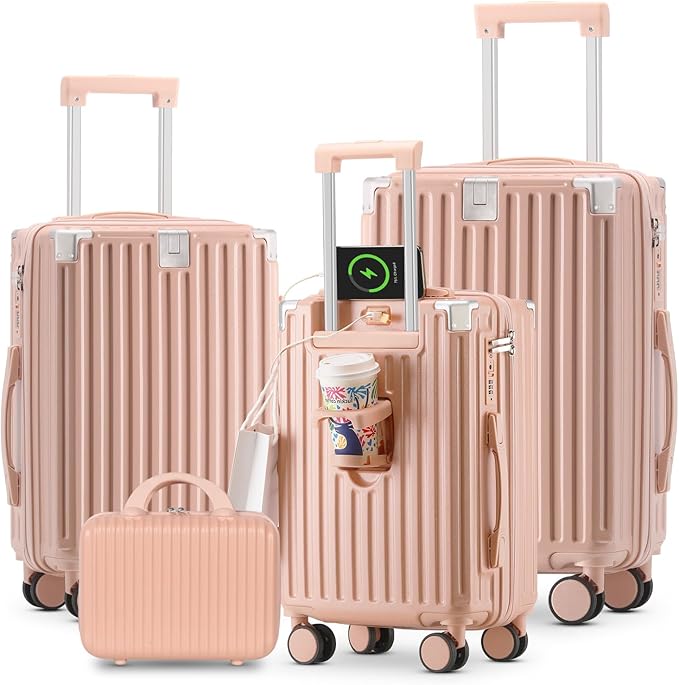 20 Inch Carry On Luggage With Cup Holder & USB Port, Airline Approved TSA-locked Luggage, Lightweight PC Material Travel Suitcase With 360° Spinner Wheel (14-20-24-28in Pink, 14-20-24-28in)