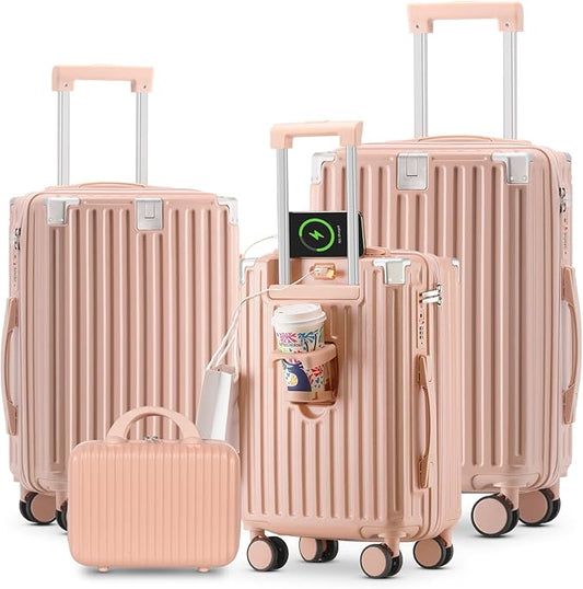20 Inch Carry On Luggage With Cup Holder & USB Port, Airline Approved TSA-locked Luggage, Lightweight PC Material Travel Suitcase With 360° Spinner Wheel (14-20-24-28in Pink, 14-20-24-28in)