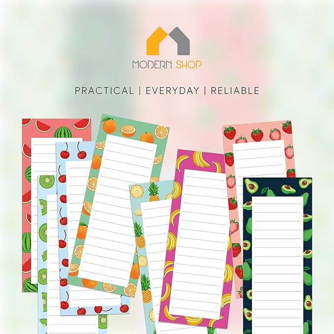 8 Magnetic Notepads – Notepads for Grocery List, Shopping List, To-Do List, Reminders -Strong Magnetic Back- Memo Notepad with Realistic Fruit Designs | 25 Sheets per Pad 7.5 x 3.5 inch (8 Pack)