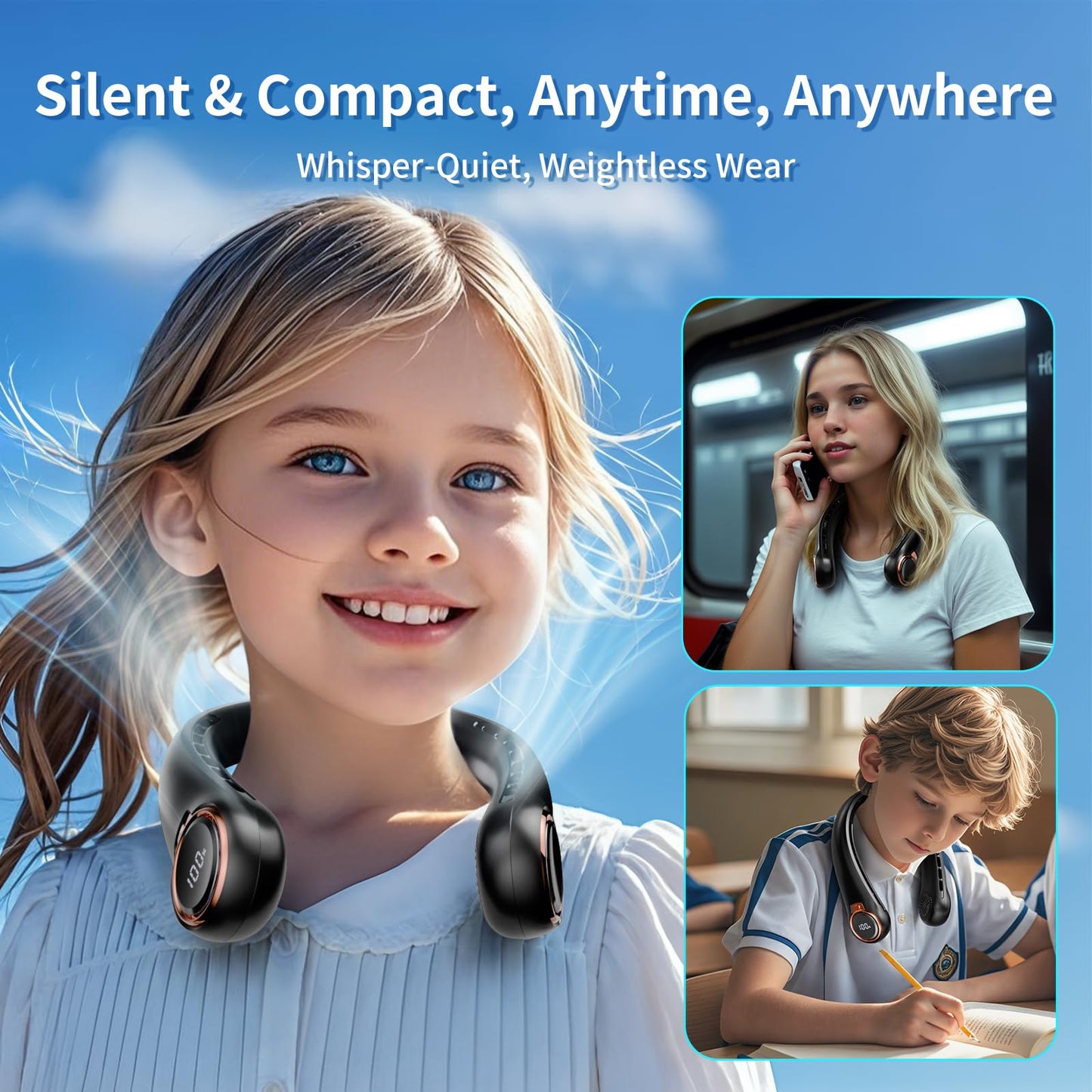 ZHZW Portable Neck Fan with 6000mAh USB - Rechargeable Battery, Ultra-Light Bladeless Neck Fan LED Display, 360° Cooling Wearable Fan, 3 Speeds (black)