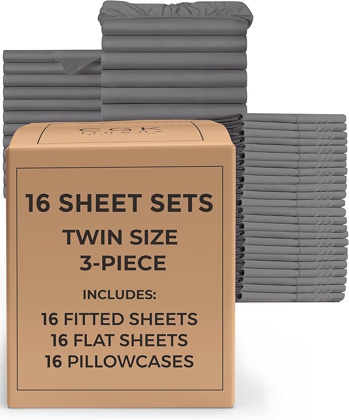 Bulk Case Pack of 16 Sheet Sets - (16) Complete Twin Size Sheet Sets w/ Deep Pockets - Wholesale Bulk Bedding for Hotels, Spas & Airbnbs - Breathable, Cooling, Soft & Wrinkle Free - (Twin, Dark Grey)