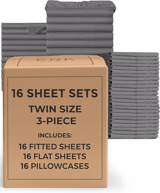 Bulk Case Pack of 16 Sheet Sets - (16) Complete Twin Size Sheet Sets w/ Deep Pockets - Wholesale Bulk Bedding for Hotels, Spas & Airbnbs - Breathable, Cooling, Soft & Wrinkle Free - (Twin, Dark Grey)