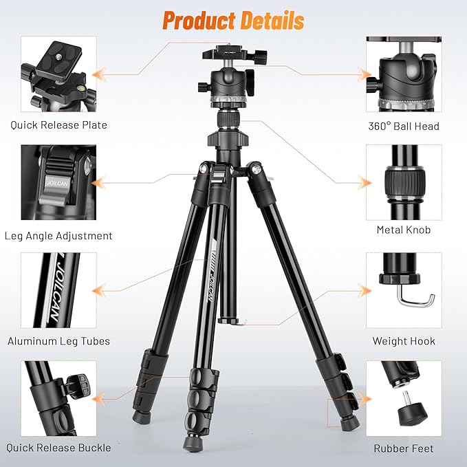 JOILCAN 66" Camera Tripod, Lightweight Travel Tripod with 360° Ball Head & Phone Holder, 22lbs Max Load for DSLR, Camera, Phone, Video & Photography (Grey)