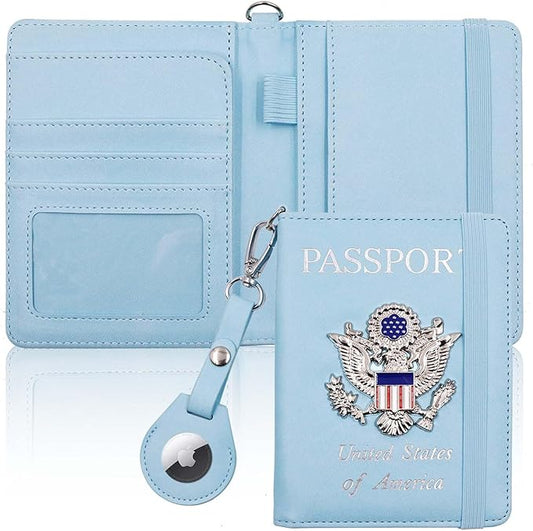 Cnycmy Passport Holder with Airtag slot,Passport-Wallet-Holder for Women,for Family, Rfid Passport Book Card Slot Waterproof, passport holder for travel (light blue1)