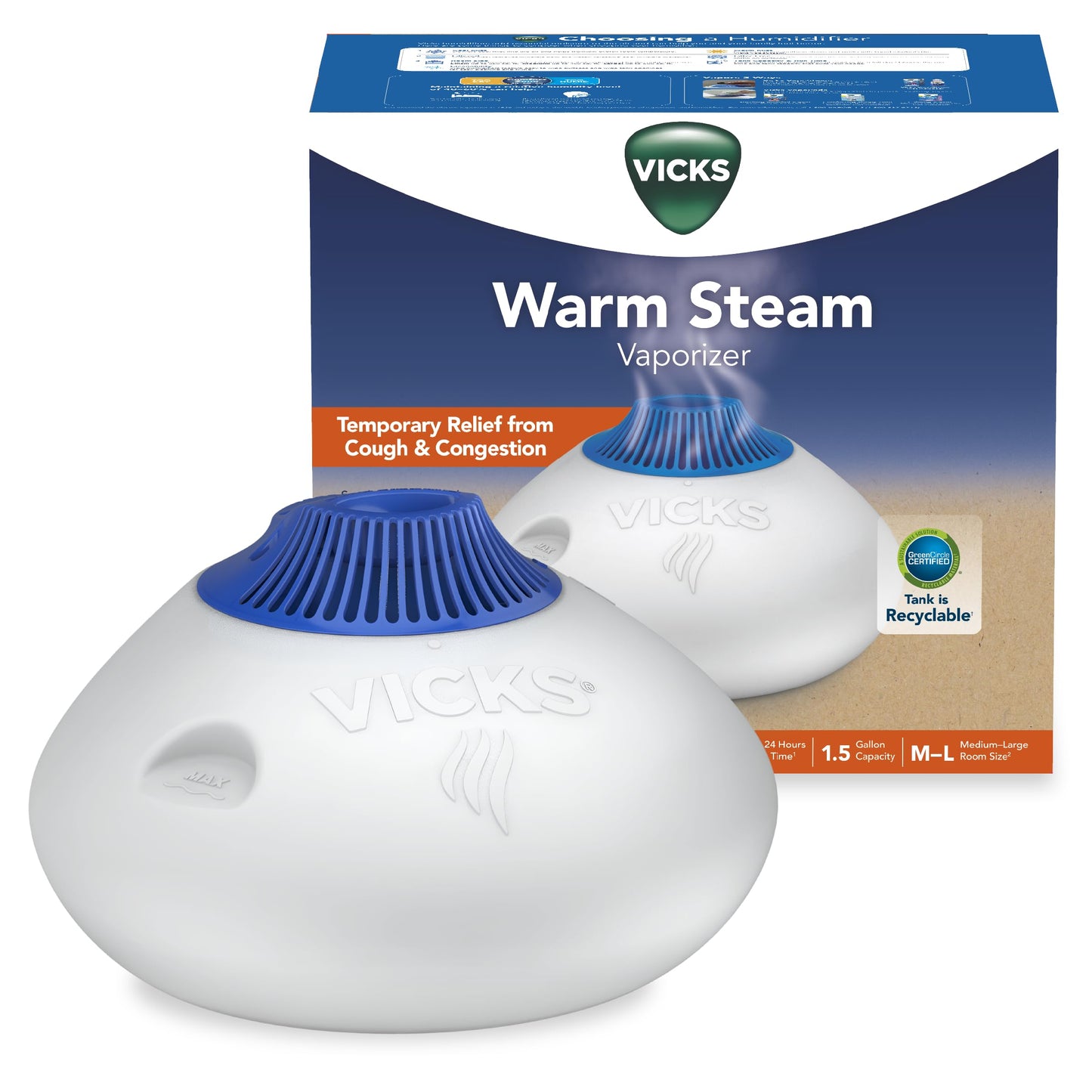 Vicks Warm Steam Vaporizer, Small to Medium Rooms, 1.5 Gallon Tank – Warm Mist Humidifier for Baby and Kids Rooms with Night Light, Works with Vicks VapoPads and VapoSteam