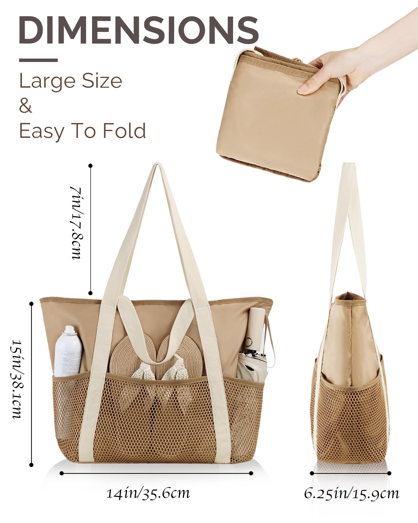 HOMESPON Beach Bag Large Waterproof Sandproof Foldable Tote Bag for Women with Zipper Mesh Pockets for Pool Cruise Travel Everyday (Khaki)