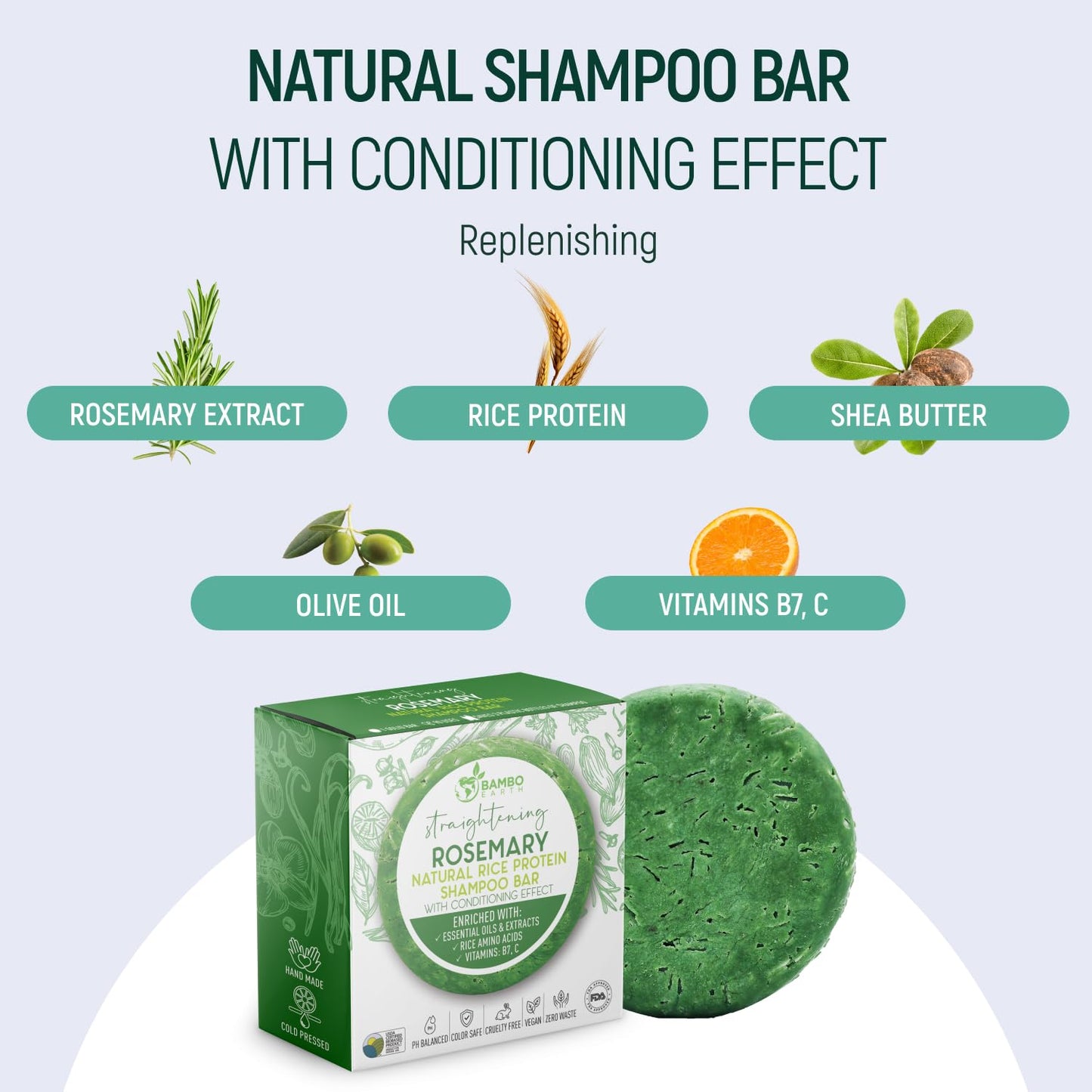 BAMBOEARTH Solid Rice Protein Water Shampoo Bar With Conditioner Effect Hair Soap – Shampoo Bars For Hair With All Natural Plant Based Essential Oils And Zero Waste Packaging (Rosemary)