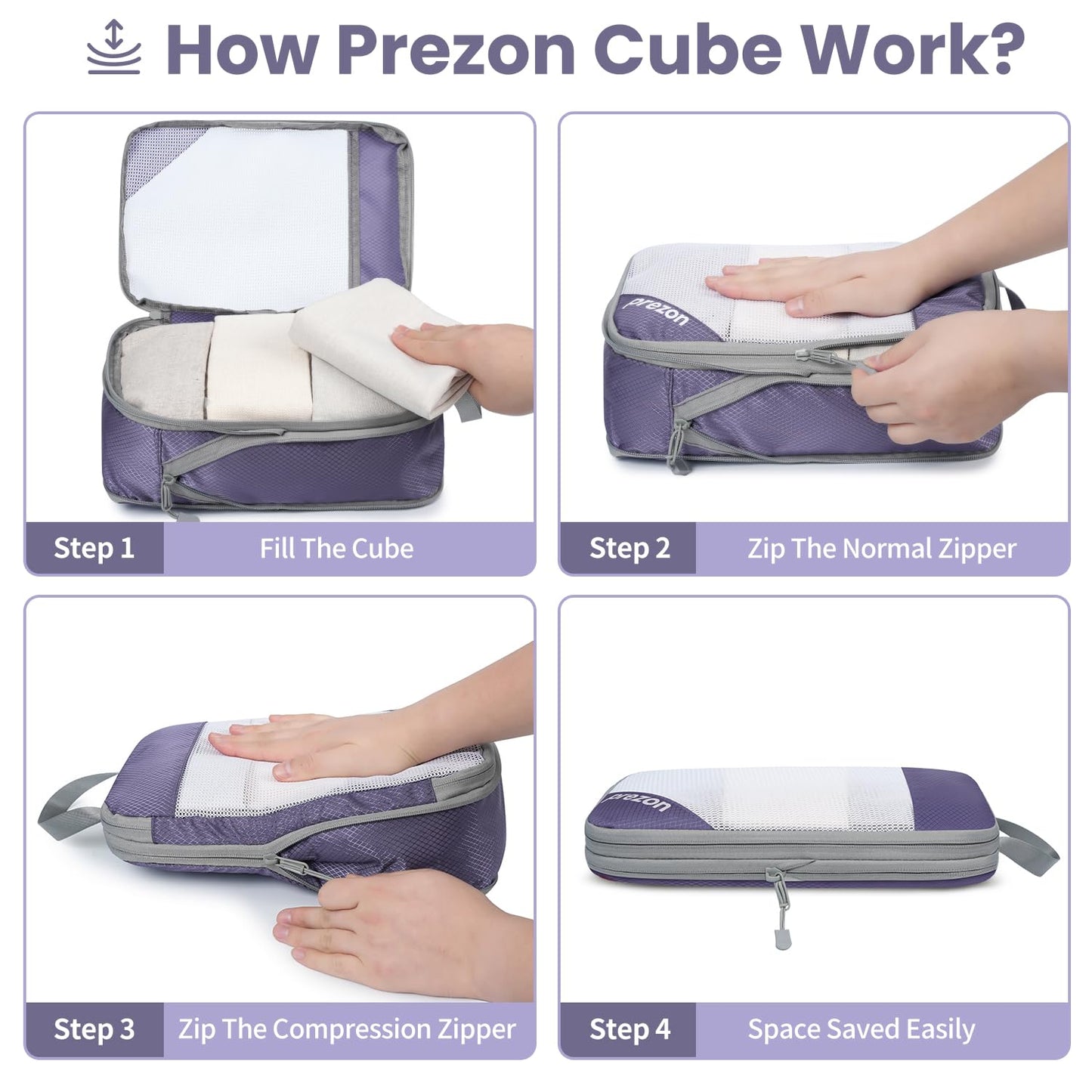 Prezon 8 Set/6 Set/4 Set Compression Packing Cubes for Travel, Lightweight Vacation Travel Essentials,Accessories for Suitcase Organizer Bags Set, Durable Luggage Organizer （6-half mesh-Purple）