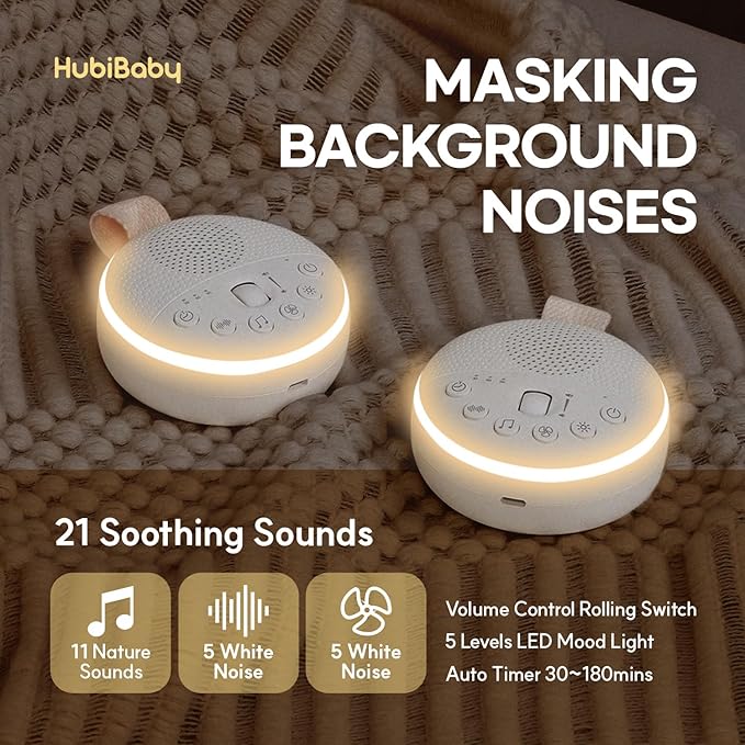 HuBDIC HubiCare White Noise Machine, Portable Sound Machine with 21 Soothing Sleep Sounds, Long-Lasting Battery, Gentle LED Mood Light, Travel-Friendly Sleep Aid for Newborns, Children