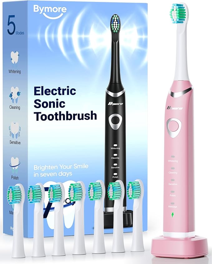 Bymore Electric Toothbrush for Adults,Travel SonicToothbrush with 8 Replacement Heads, Ultra Clean RechargeableToothbrush Portable Electric Toothbrush-Pink