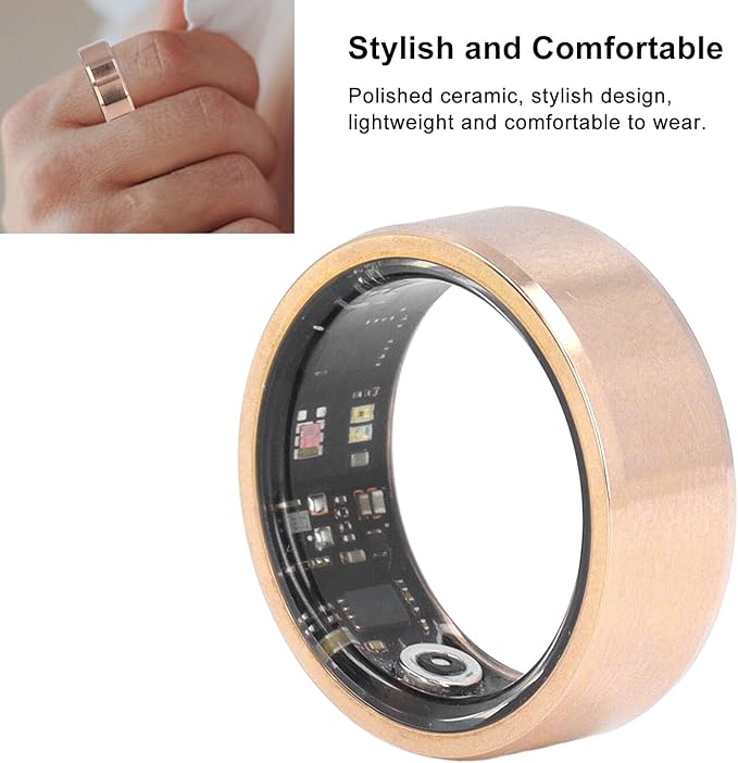 ASHATA Bluetooth Smart Ring Fitness, Health Ring to Monitor Fitness Pedometer Sleep Data, APP Control, Smart Ring for Men Women, Gold (8)