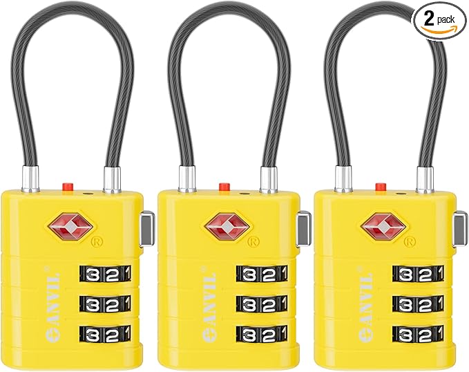 ANVIL TSA Approved Luggage Locks – High Security TSA008 Combination Travel Locks with Inspection Indicator for Suitcases and Backpacks. (3, Yellow)