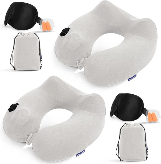 2 Pack Inflatable Travel Neck Pillows for Airplanes, Head Support Velvet Adult Neck Pillows for Long Flight, Kit with Eye Mask, Earplugs and Storage Bag, 2, Light Gray