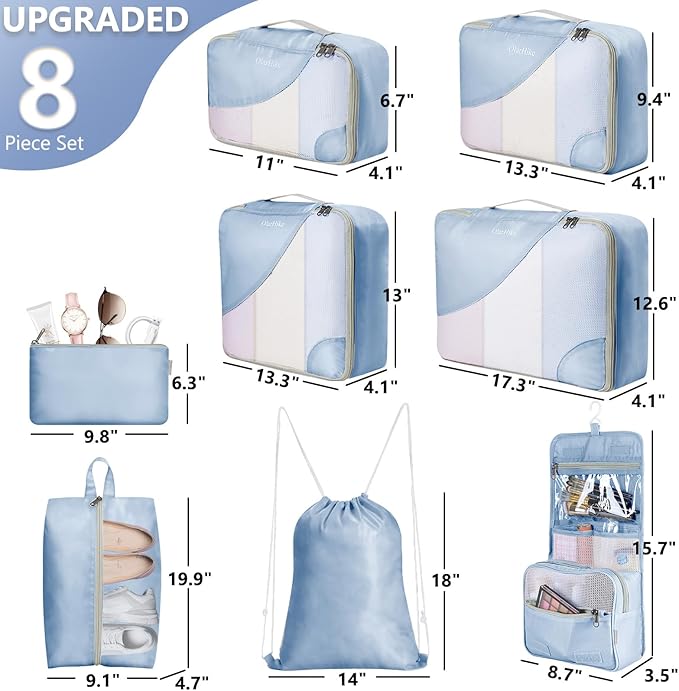 8 Set Packing Cubes for Travel, Gifts for Women Mom,Anti-Tearing Suitcase Organizer for Luggage with Shoe & Hanging Toiletry Bag,OlarHike Vacation Essentials & Accessories for Cruise Ship,Blue