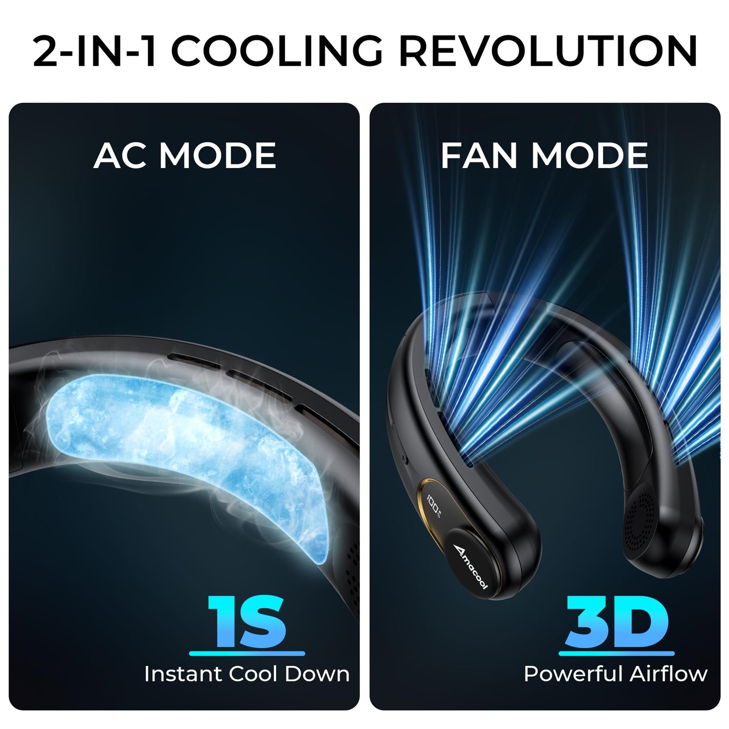 AMACOOL Portable Air Conditioner Portable Neck Fan, 3-Speed Hands Free, 5000mAh Rechargeable Battery Bladeless USB Fan, Long Lasting with LED Screen Cooling for Gift Working Travel Indoors & Outdoors