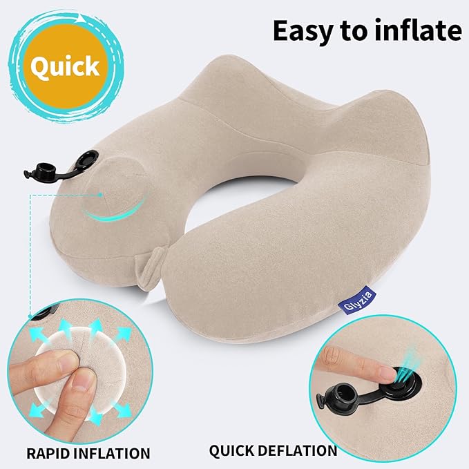 Inflatable Travel Neck Pillow for Airplane, Head Support Velvet Adult Neck Pillow for Long Flight, Kit with Eye Mask, Earplugs and Storage Bag,1, Beige