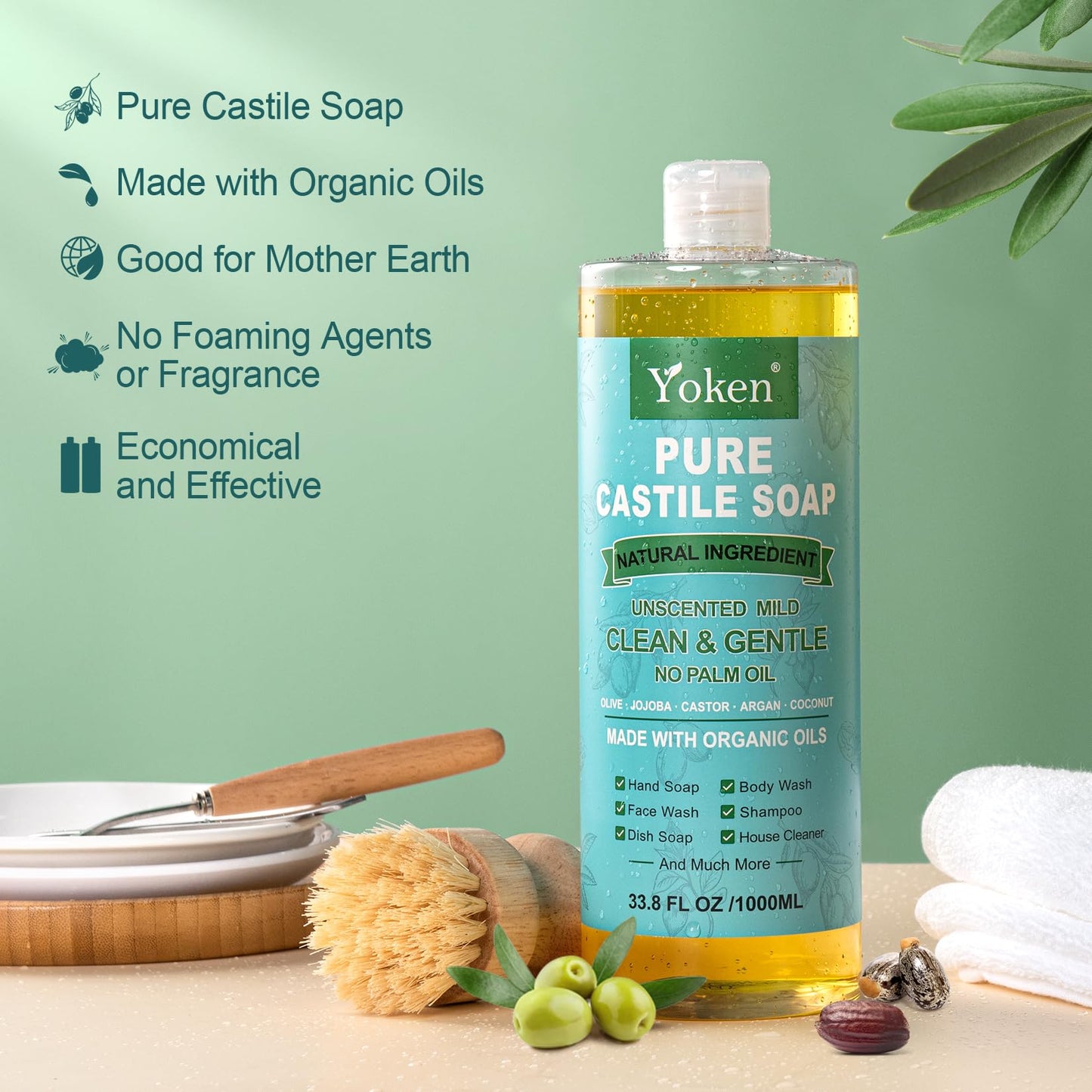 Yoken EWG Verified Castile Soap Liquid Unscented 33.8 fl oz Pure Castile Liquid Cleanser Made With Organic Oil, Clean & Gentle, Natural Castor Oil Soap for Body Wash, Hand, Dishes, Laundry