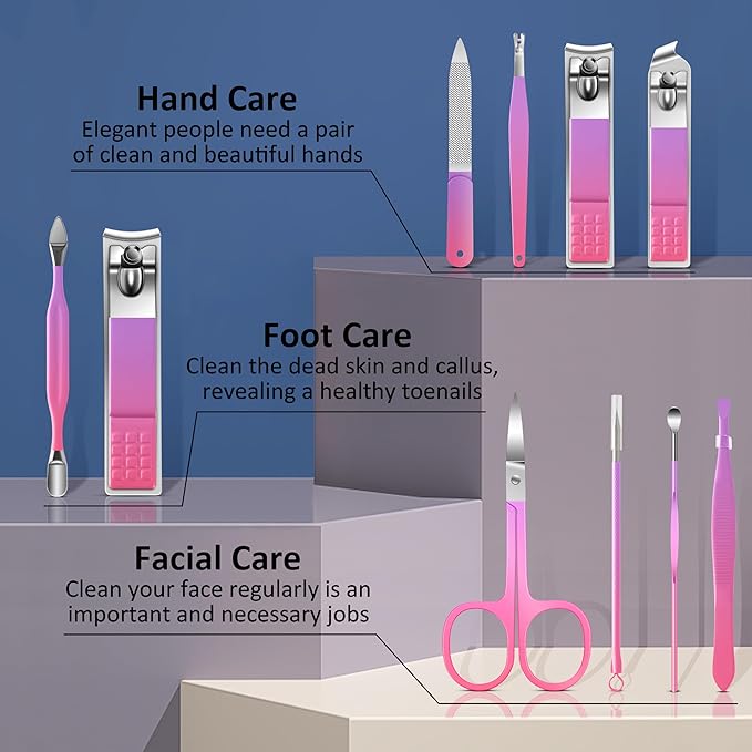 BLESWIN 10 in 1 Manicure Pedicure Kit, Manicure Kit for Women Professional, Mens Nail Grooming Kit, Manicure Tools Gift for Luxury Leather Travel Case for Family Friends (Pink & Purple)