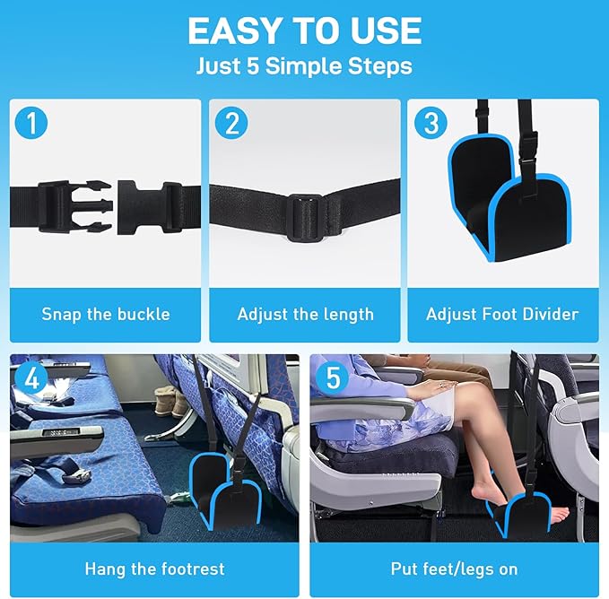 Airplane Foot Hammock, Foot Hammock for Travel Accessories with Ergonomic Removable Foot Divider Design, Airplane Foot Rest, Premium Comfortable Memory Foam & Hardboard for No Feet Clashing(Large)