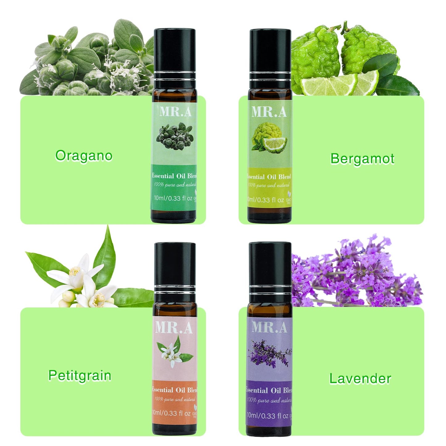 4 Pack Essential Roll On Blend Oils Set, 100% Natural Fragrance Oil, Aromatherapy Roll On Blend Oil with Pure Lavender, Petitgrain, Bergamot, Marjoram Oil, Gift for Women Men 0.33 fl.oz