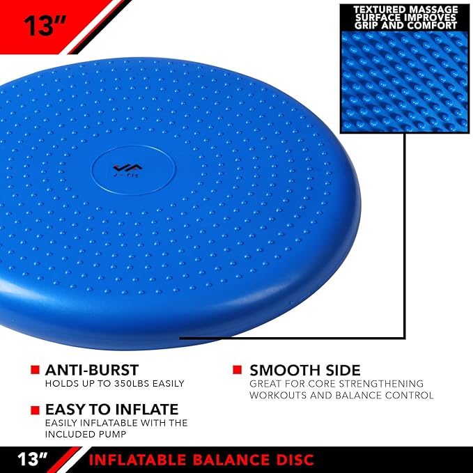 JFIT Inflatable Balance and Stability Disc - Large Yoga Wobble Cushion Trainer with Pump - Core Fitness and Workout Equipment Discs for Home - Office Chair, Ankle Strength Training and Dog or Pet Activity, Blue, 13-Inch
