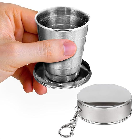 Collapsible Travel Cup with Lid 2.5Oz (75ml) - Leak-Proof Сollapsible Shot Glass Keychain, Highly Portable, Made of Rust & Bend Resistant Stainless Steel - Foldable Cup for Traveling, Fishing, Camping