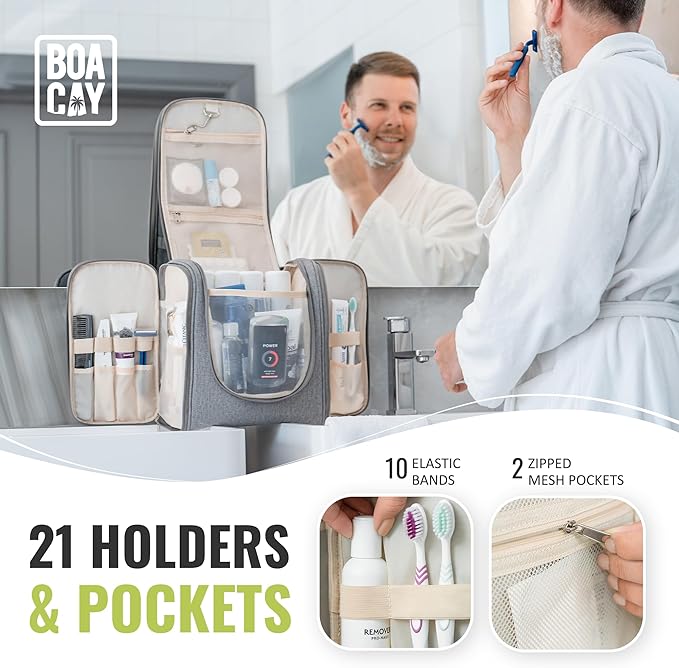 BOACAY Extra Large Hanging Travel Toiletry Bag for Women and Men, Makeup Bag, Bathroom & Shower Organizer Kit for Accessories, Cosmetics, Essentials