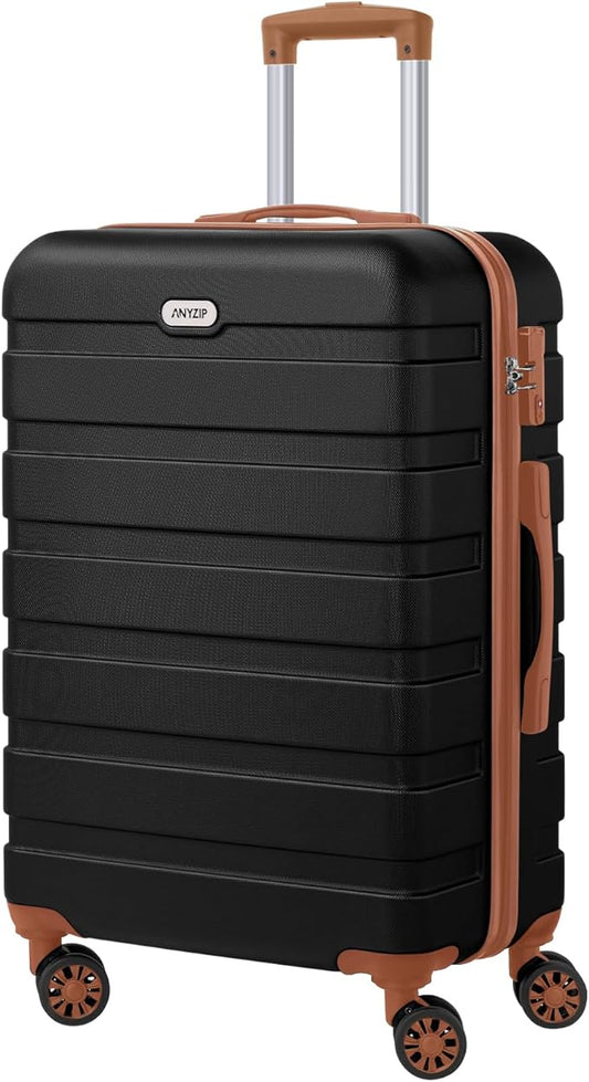 AnyZip Luggage PC ABS Hardside Lightweight Suitcase with 4 Universal Wheels TSA Lock Checked-Medium 24 Inch Black Brown