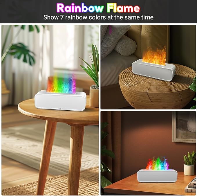 Eseential Oil Diffuser, 250ml Flame Oil Diffuser - Aromatherapy Humidifier, Sound Activated Flame Effect, Rainbow Flame, Music Sync, Remote Control - Perfect for Bedroom Home Office Yoga (White)