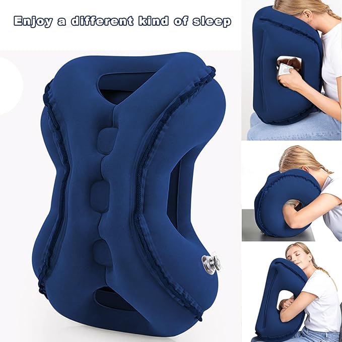 Inflatable Travel Pillow | Airplane Neck Pillow & Portable Inflatable Neck Support - Multifunctional for Flights, Cars, Office Use, with Eye Mask & Earplugs (Blue)