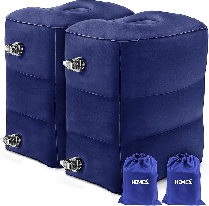 HOMCA Inflatable Travel Foot Rest Pillow, Adjustable Height Leg Pillow，Fast Inflating Airplane Bed for Toddlers，Footrest Pillow for Office, Airplane，Train，Cars，Home (Blue)