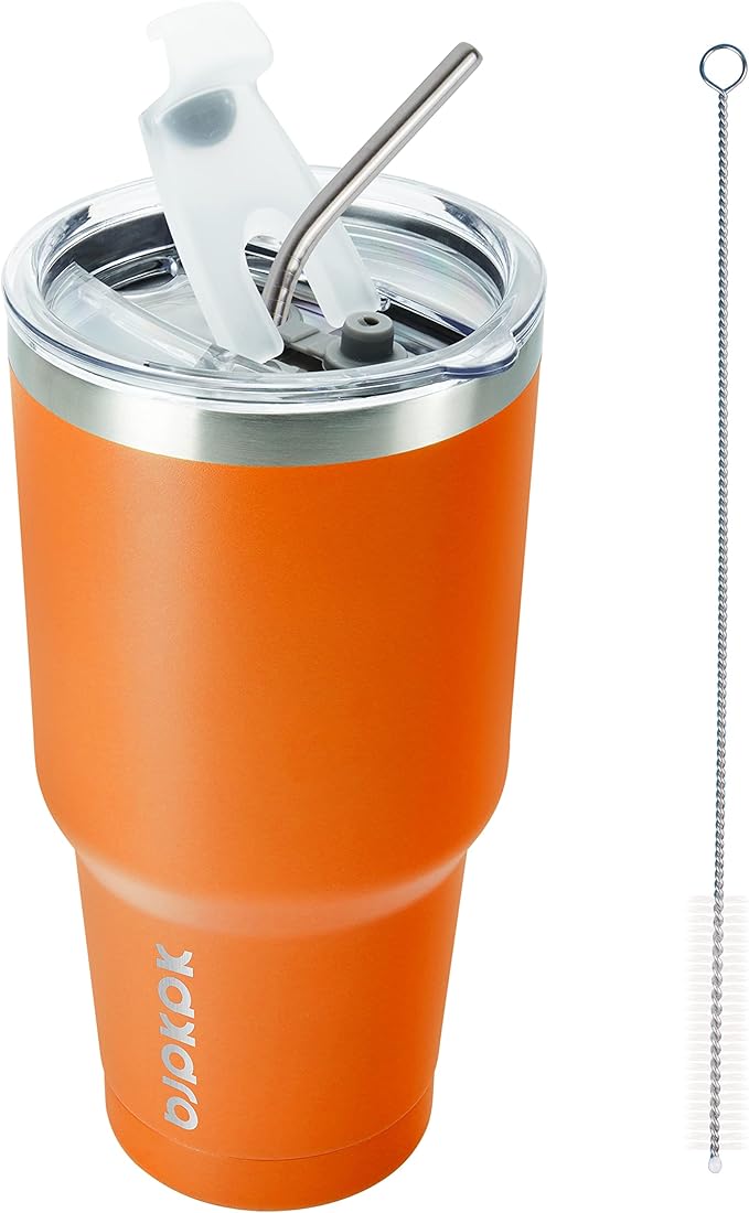BJPKPK Insulated Tumbler with Clear Flip Lid and Straw, Reusable Stainless Steel Insulated Travel Cup,Orange,30oz