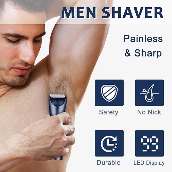Body Hair Trimmer for Men - Electric Male Hygiene Grooming Shaver - Hair Razor Nose Trimmer Clippers - 3 in 1 Groin Groomer IPX5 Waterproof LED Display Remover for Chest Back Armpit