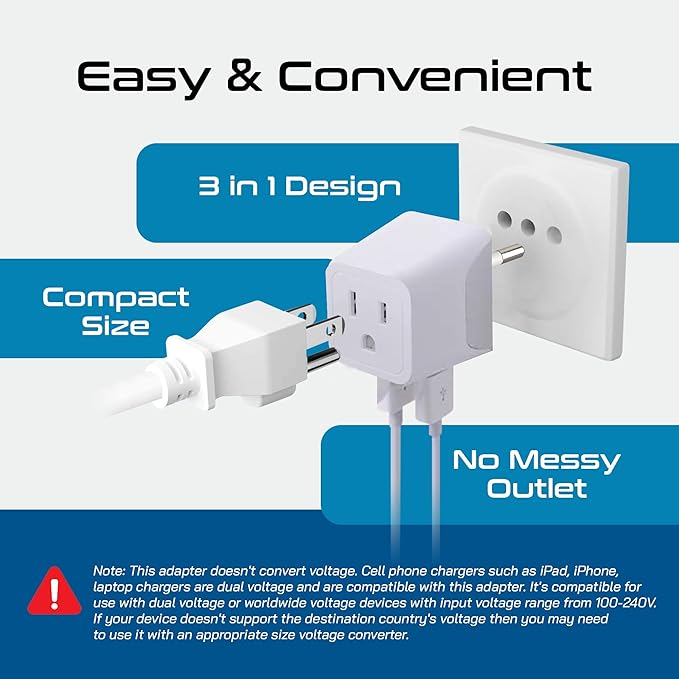Ceptics Italy Travel Plug Adapter – Type L Italy Power Adapter with USB-C & A + USA Input –Compact, Safe Grounded for Phones, Laptops & More (CTU 12A)