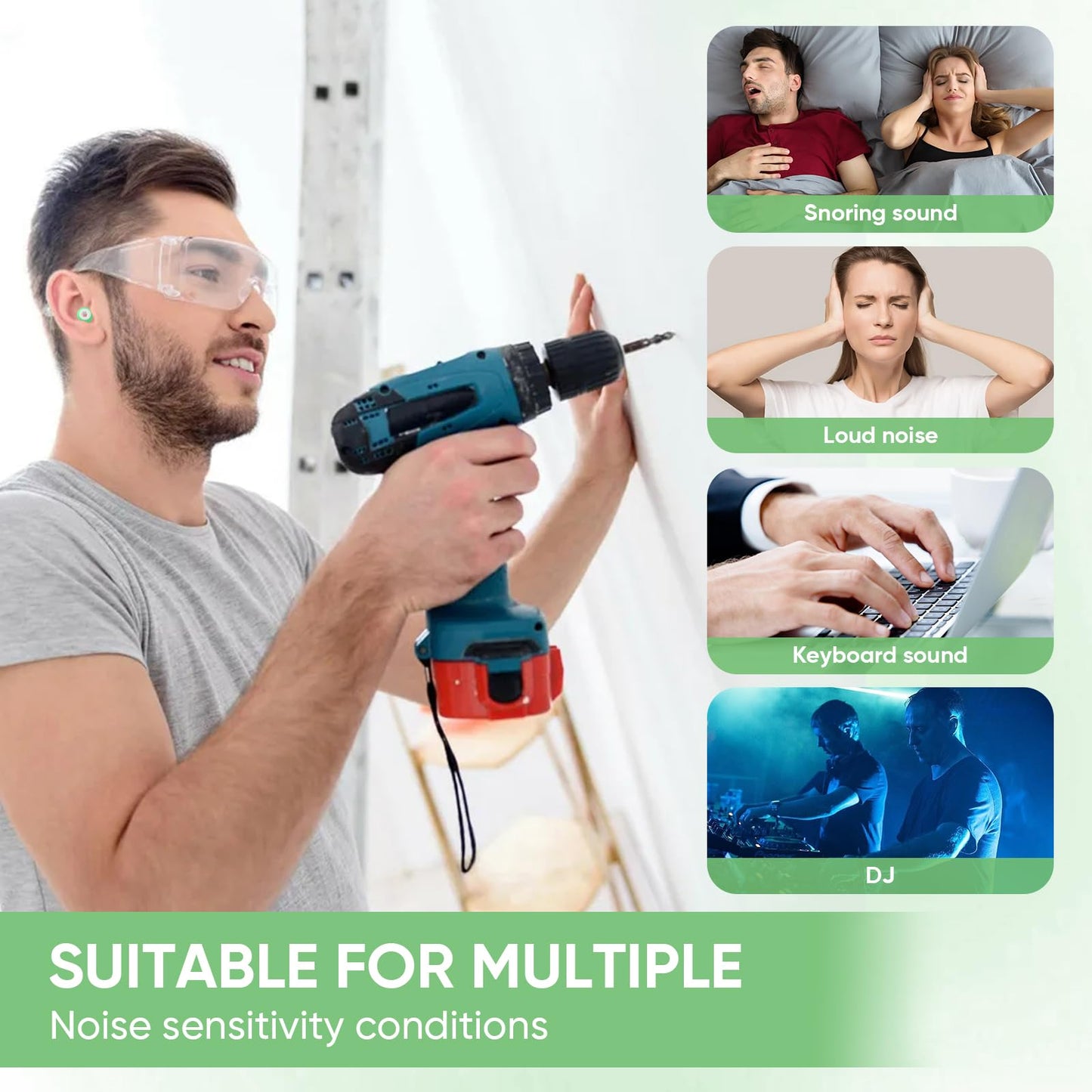 Ear Plugs for Sleeping Noise, 2 Pack High Fidelity Ear Plugs, Reusable Silicone Earplugs for Concert, Rave, Work, Musicians, 3 Pair Ear Tips in S/M/L, 18-25 dB Ear Plugs for Noise Cancelling Green