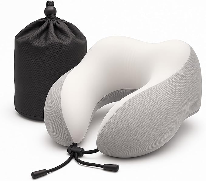 Neck Pillow for Traveling Neck Support with Cooling Ice Silk Cover, High-Density and Relatively Hard Support Machine Washable and Travel-Friendly U-Shaped Memory Foam Pillow for Airplane, Car(White)