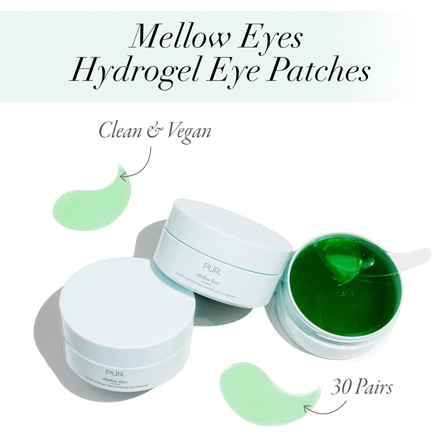 Hydrogel Rejuvenating Under Eye Patches, Mellow Eyes by PUR Beauty - Hydrates, Plumps & Brightens Under Eye - Hemp Seed Oil, Green Tea Extract, Kiwi Fruit Extract - Cruelty & Gluten Free - 30 Pairs