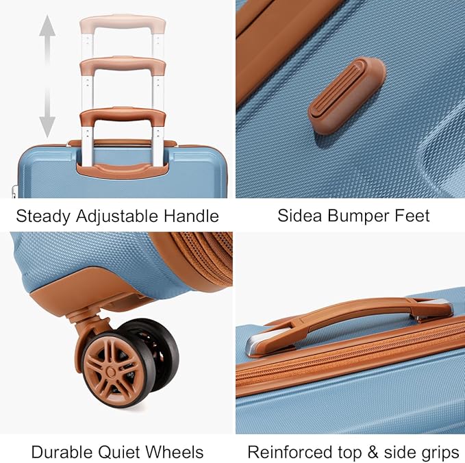 Kono 4 Piece Luggage Sets Expandable(only 28") Lightweight with Spinner Wheels TSA Lock Hardside Travel Rolling Suitcases 20in 24in 28in Carry on and 12in Mini Cosmetic Case Apricot Blue