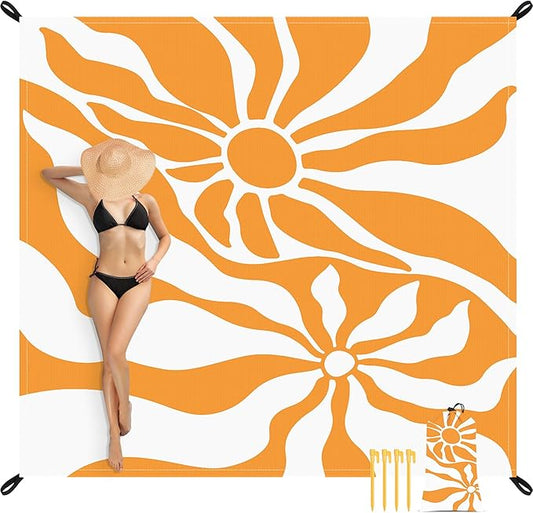 110''×118'' Waterproof Sandproof Beach Blanket 8 Adults, Sand Free Boho Sun Outdoor Beach Mat with 4 Stakes, Extra Large Compact Picnic Pockets Blanket Essential for Travel, Camping, Summer Vocation